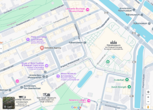 Map showing Celestins Agency BV location near Rijksmuseum and Van Gogh Museum in Amsterdam's Museumplein district.